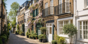 Charming London mews street with traditional brick townhouses and balconies